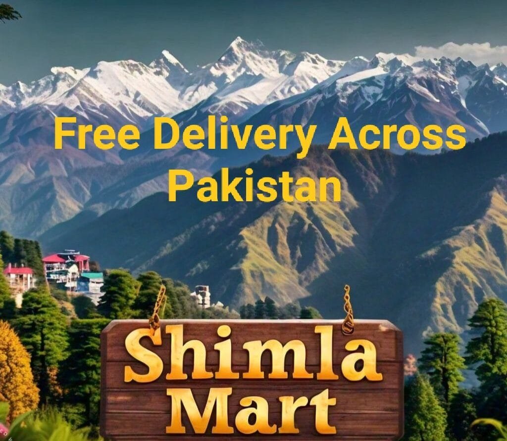 Shimla Mart logo with the bold text 'Free delivery across Pakistan,' set against a scenic background of snowy mountains.