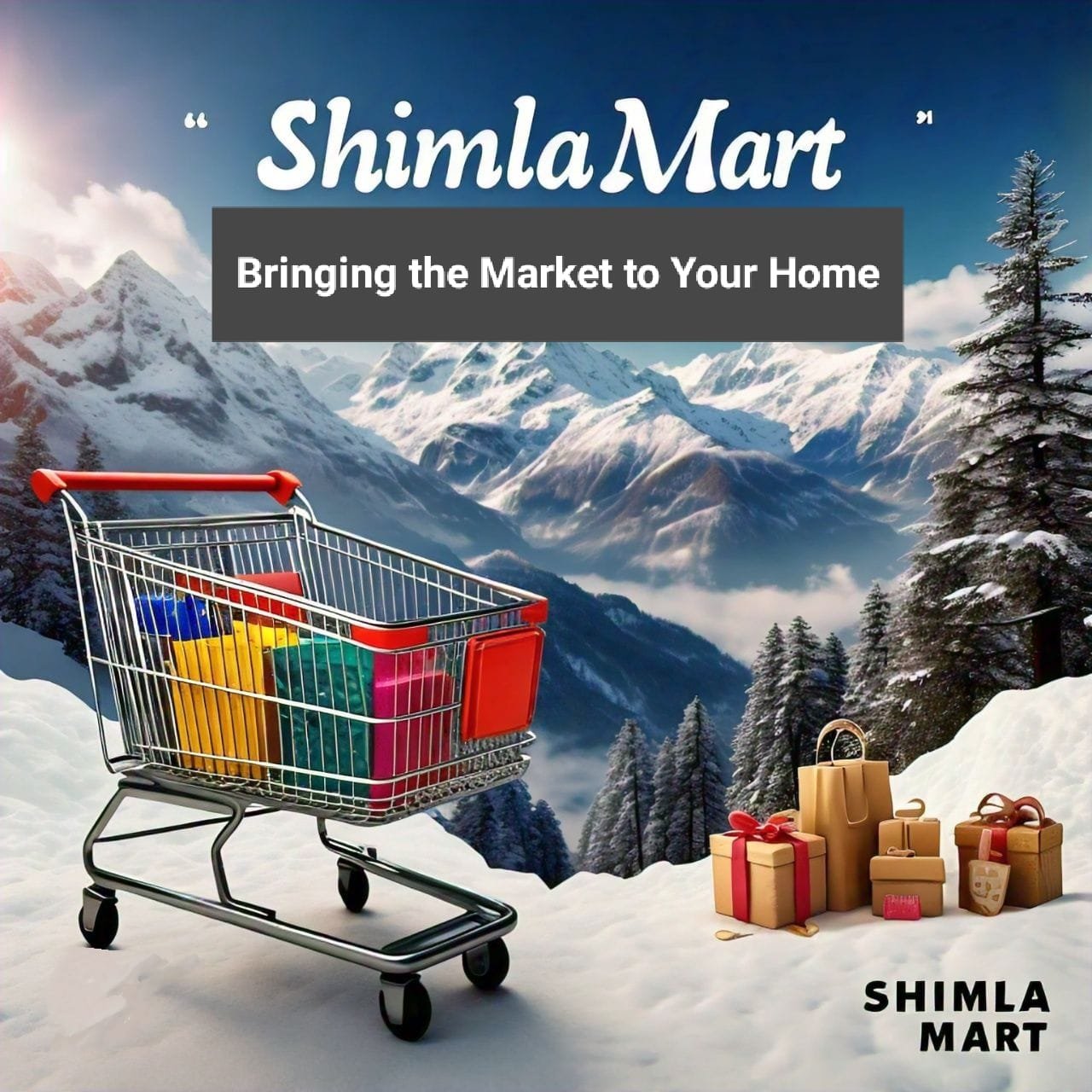 Shimla Mart logo with the tagline 'Bringing the market to your home,' featuring a shopping cart filled with various items.